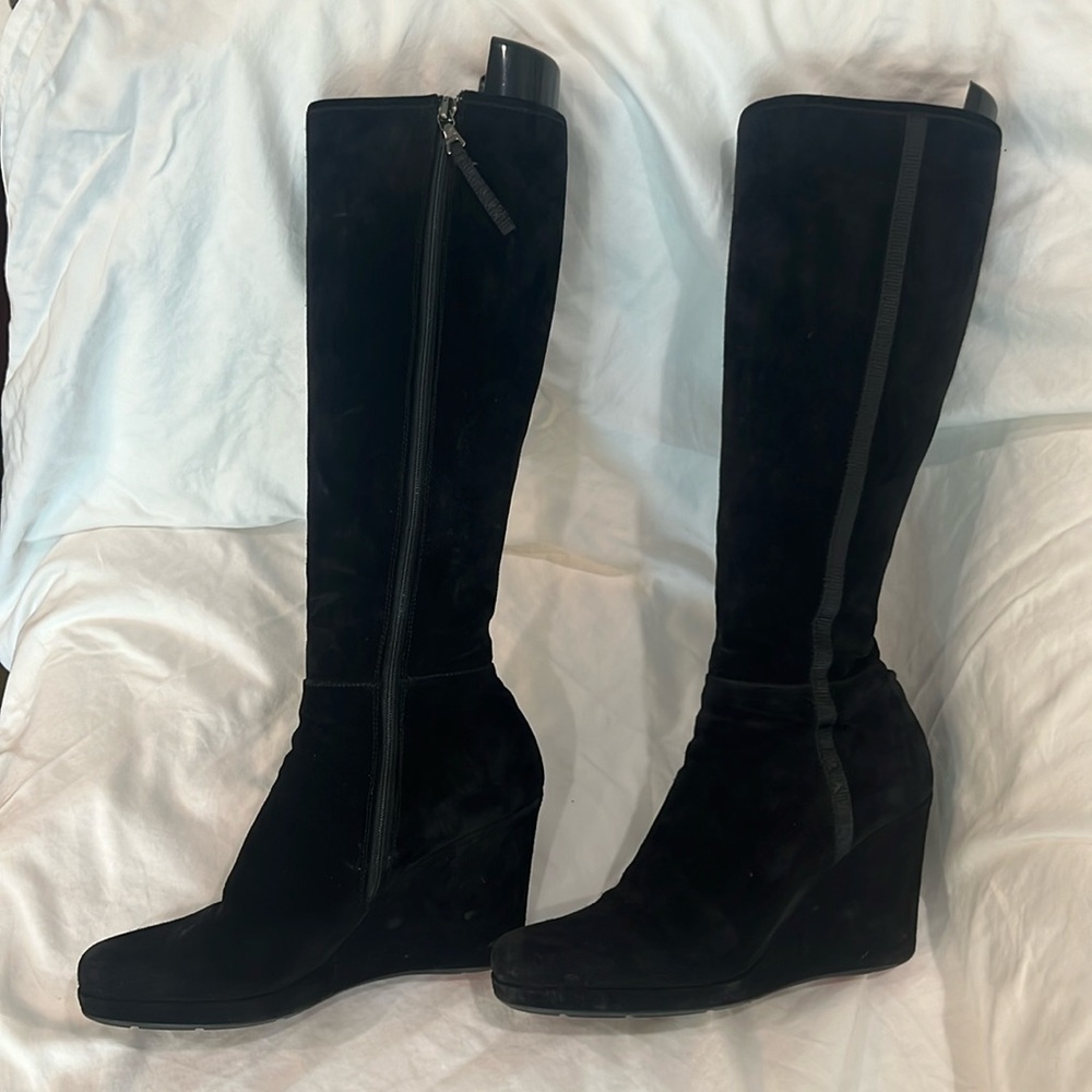Prada (Black) Suede Knee High Boot Wedges (with Boot Bag) Women’s Size: 38